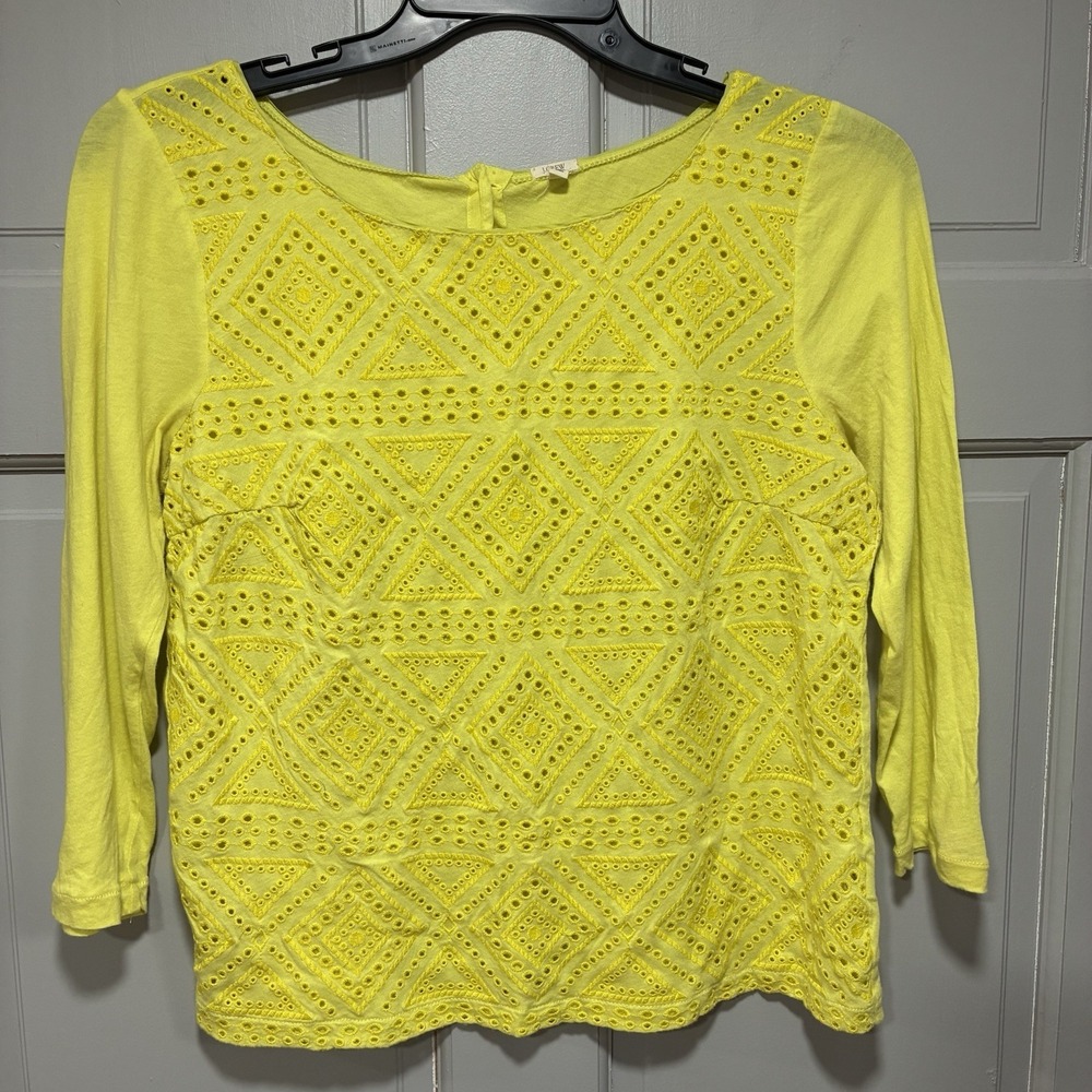 J. Crew Factory Women Top Size Medium Yellow Embroidered 3/4 Sleeve Button Back